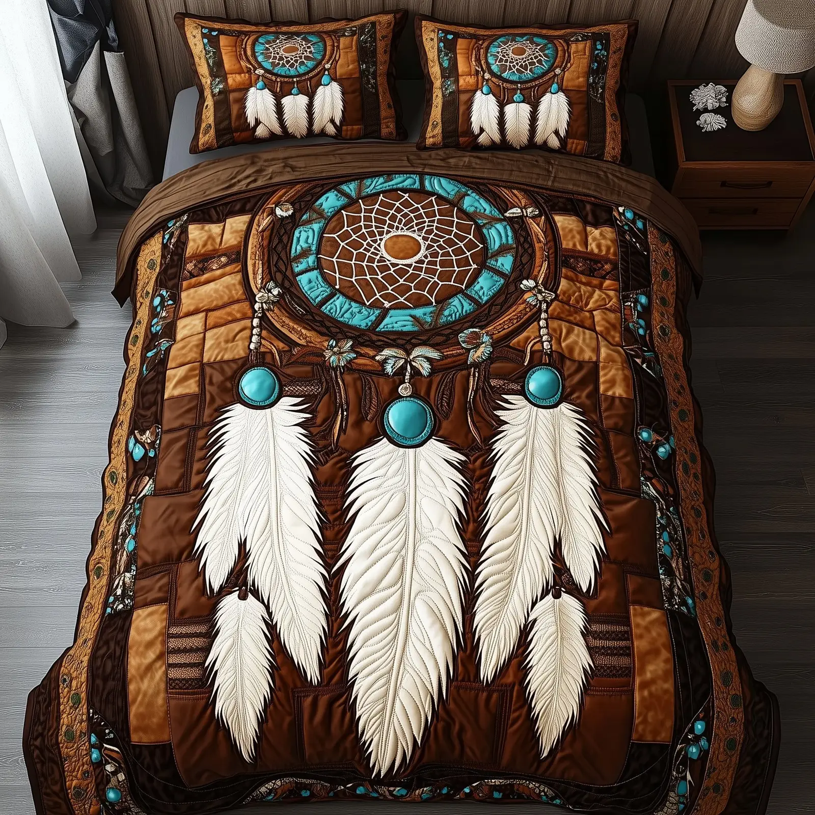 Prairie Dream Quilted Bedding Set Duvet Cover Bedspread Native Feather Presents For Girlfriend