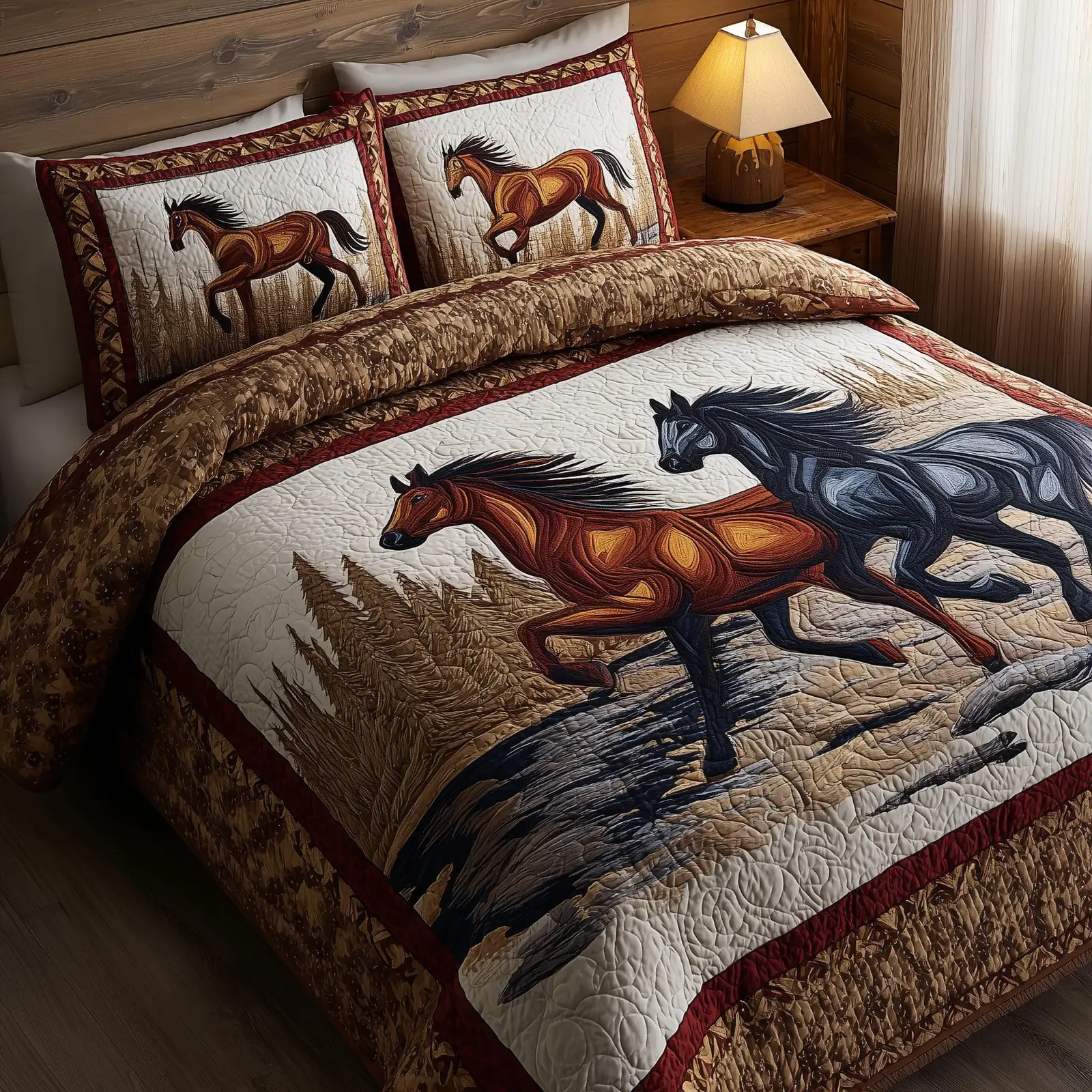 Prairie Horse Quilted Bedding Set Country Western Bedroom Decor Gift For Horse Lovers