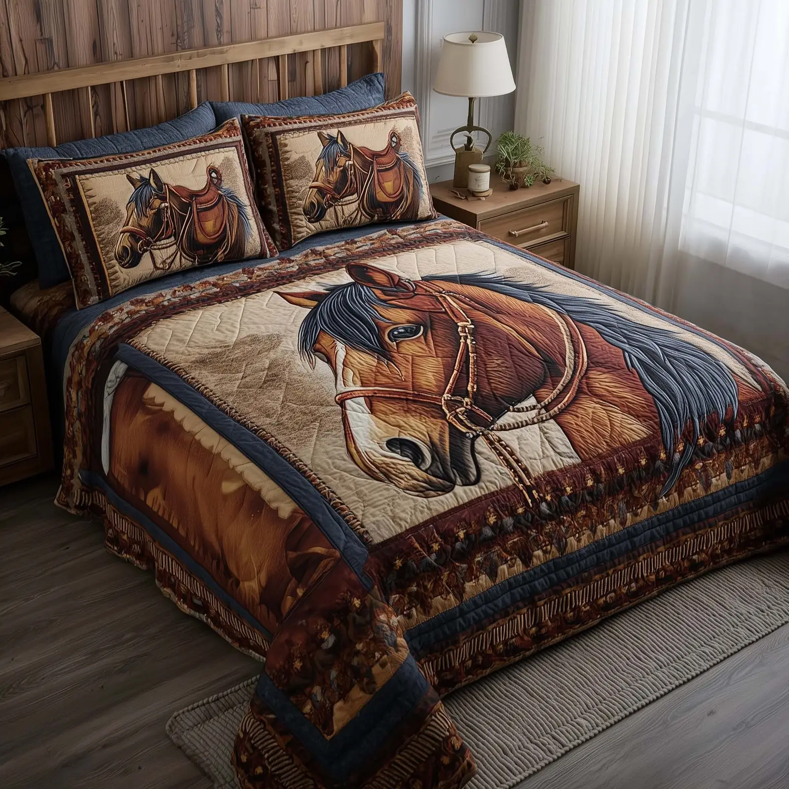 Prairie Horse Quilted Bedding Set Rustic Western Bedroom Decor Gift For Cowboy Lovers