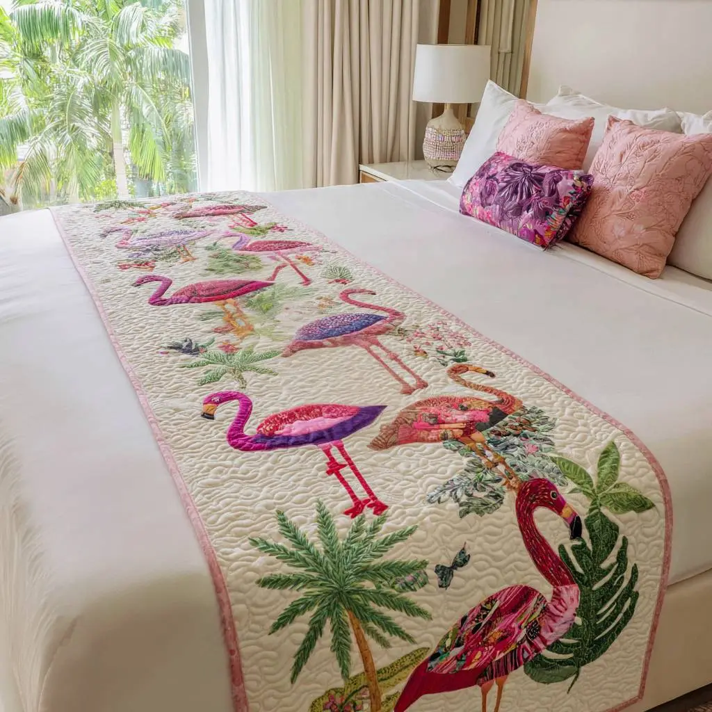 Pretty in Feathers Quilted Bed Runner Pink Feather Style Tropical Gift
