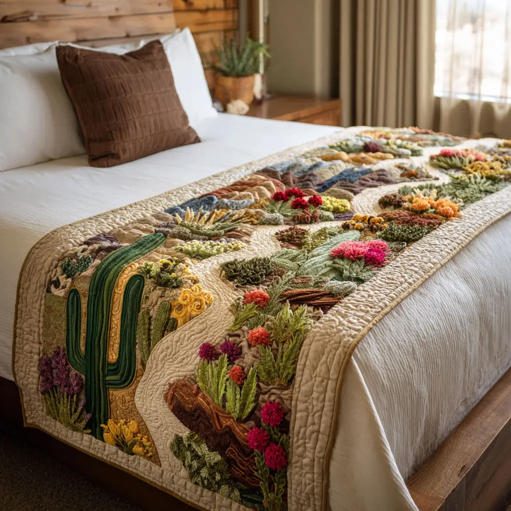 Prickly But Sweet Quilted Bed Runner Cactus Fun Theme Gift for Wife