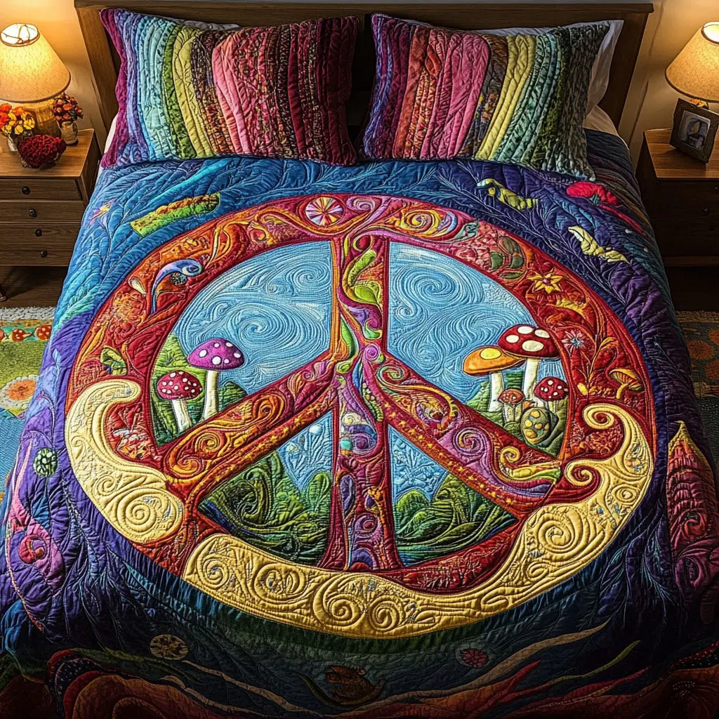Psychedelic Peace Quilted Bedding Set Bed Room Decoration Christmas Presents For Hippies Psychedelic Peace Quilted Bedding Set Bed Room Decoration Christmas Presents For Hippies - Image 1