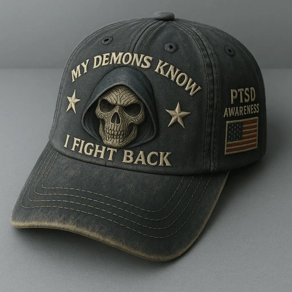 PTSD Awareness Skull My Demons Know I Fight Back Hat PTSD Awareness Hat Dad Gifts -WearandDecor