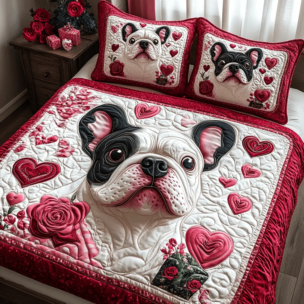 Pug Frenchie Bliss Quilted Bedding Set Valentine Day Presents For Daughter And Son In Law