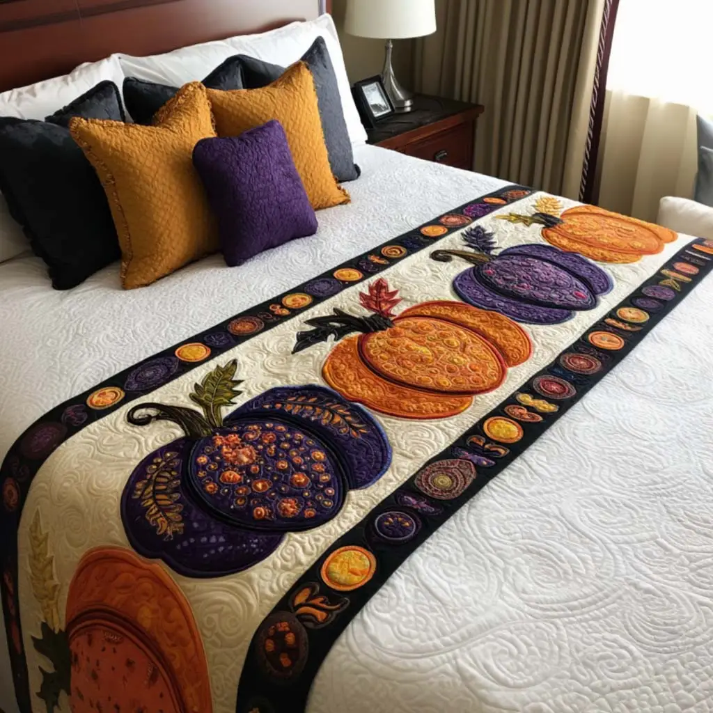 Pumpkin Charm Quilted Bed Runner Pumpkin Harvest Accent Fall Gift for Mom