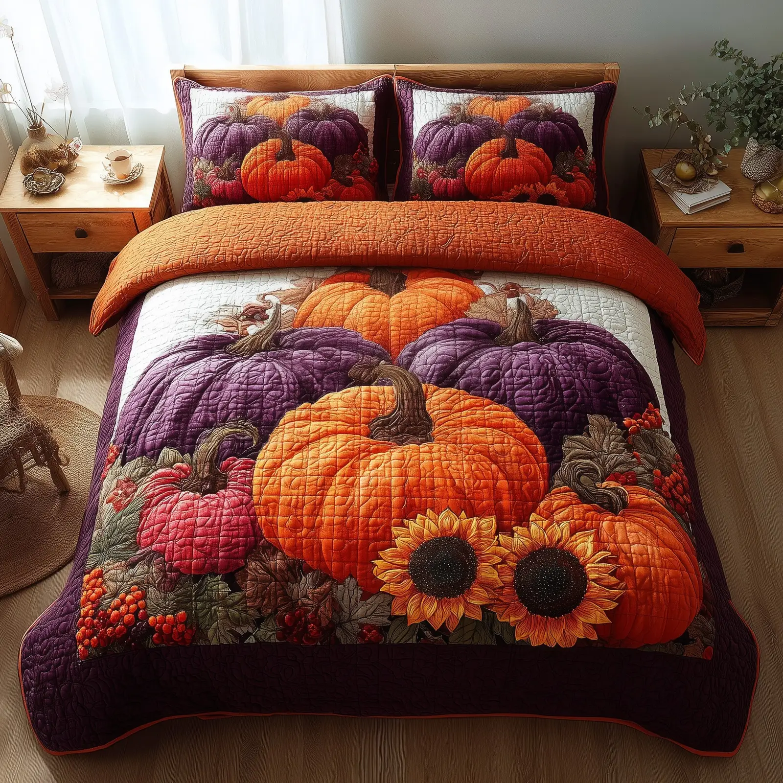 Pumpkin Delight Quilted Bedding Set Bedspread Good Thanksgiving Gifts