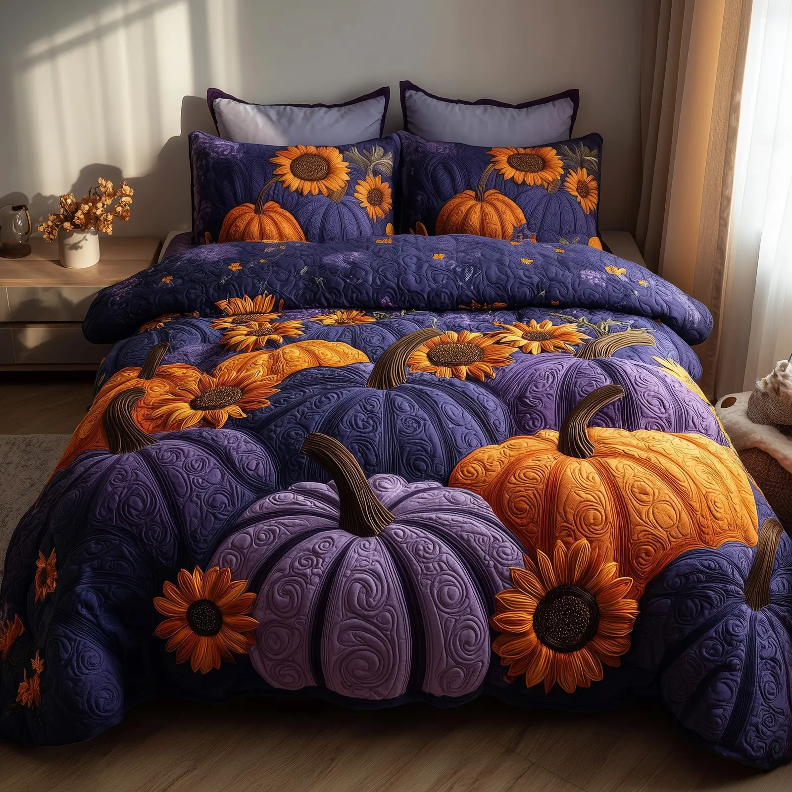 Pumpkin Delight Quilted Bedding Set Duvet Cover Thanksgiving Gifts For Clients