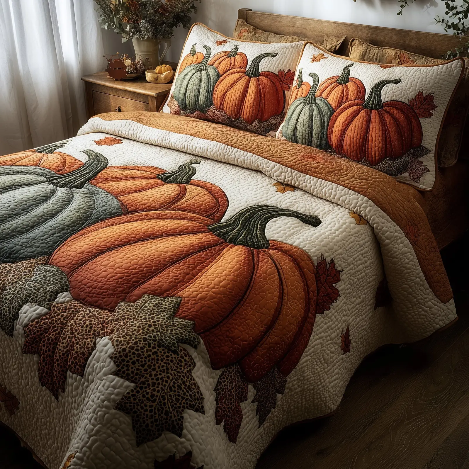 Pumpkin Delight Quilted Bedding Set Floral Print Pumpkin Delight Quilted Bedding Set Floral Print - Image 1