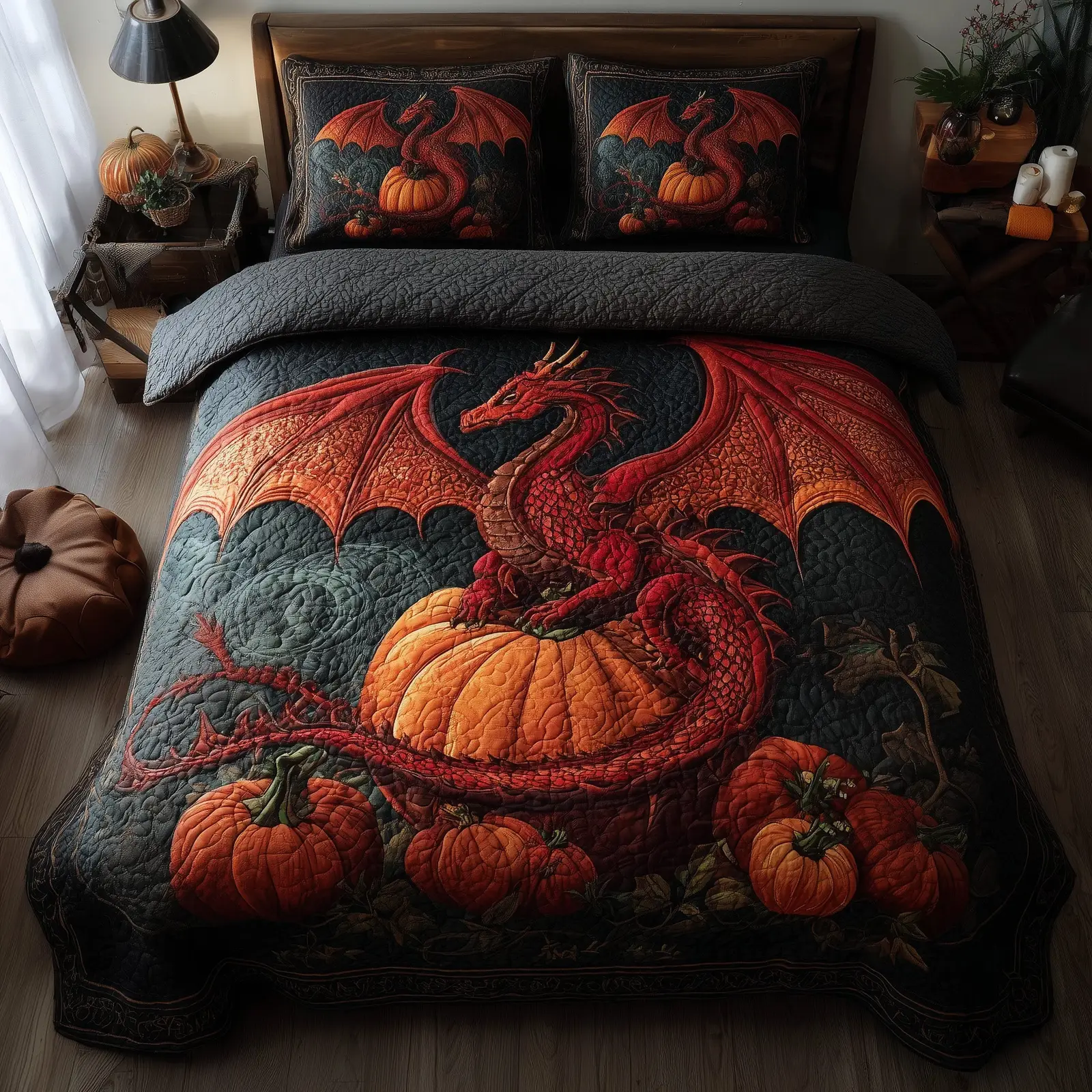 Pumpkin Dragon Quilted Bedding Set Hypoallergenic