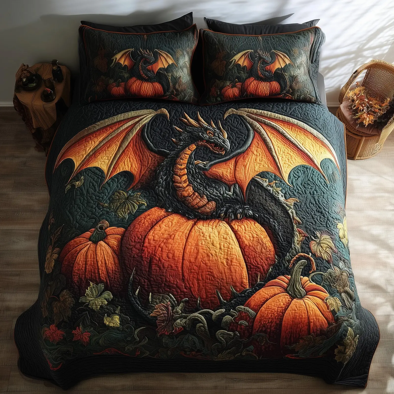 Pumpkin Dragon Quilted Bedding Set Lightweight