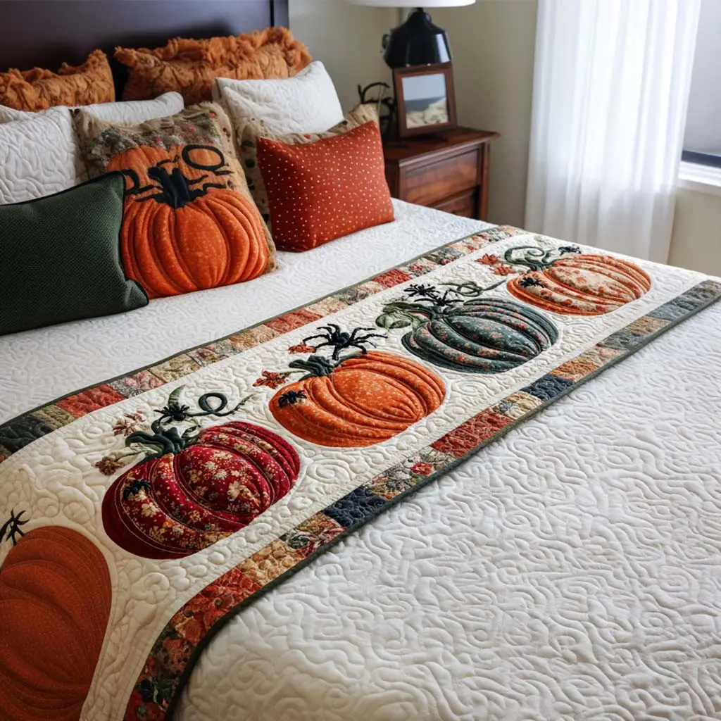 Pumpkin Glow Quilted Bed Runner Pumpkin Glow Scene Harvest Gift