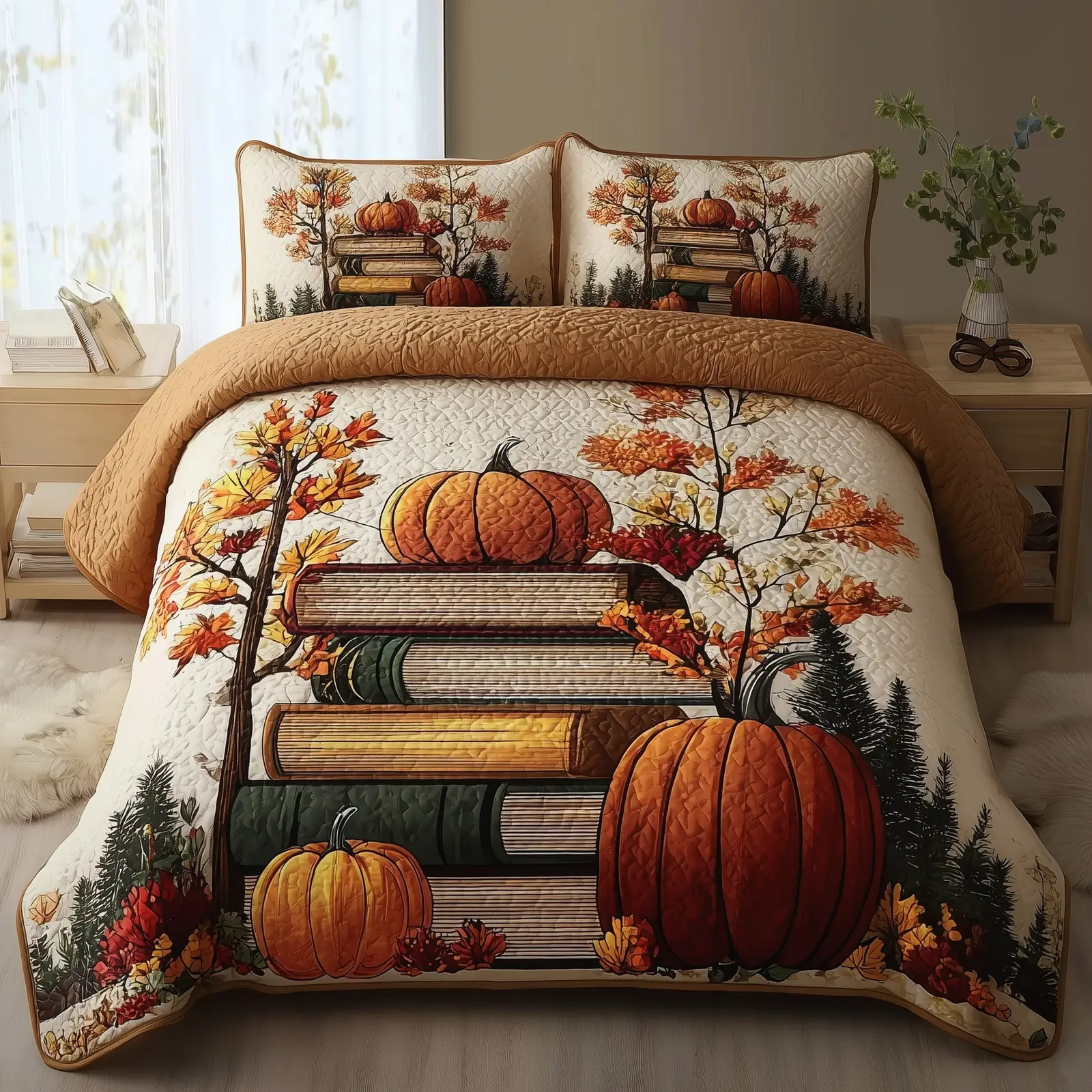 Pumpkin Glow Quilted Bedding Set Modern Design
