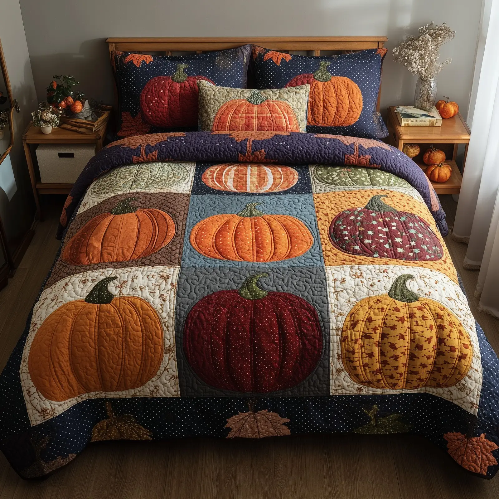Pumpkin Harvest Quilted Bedding Set Farmhouse Style