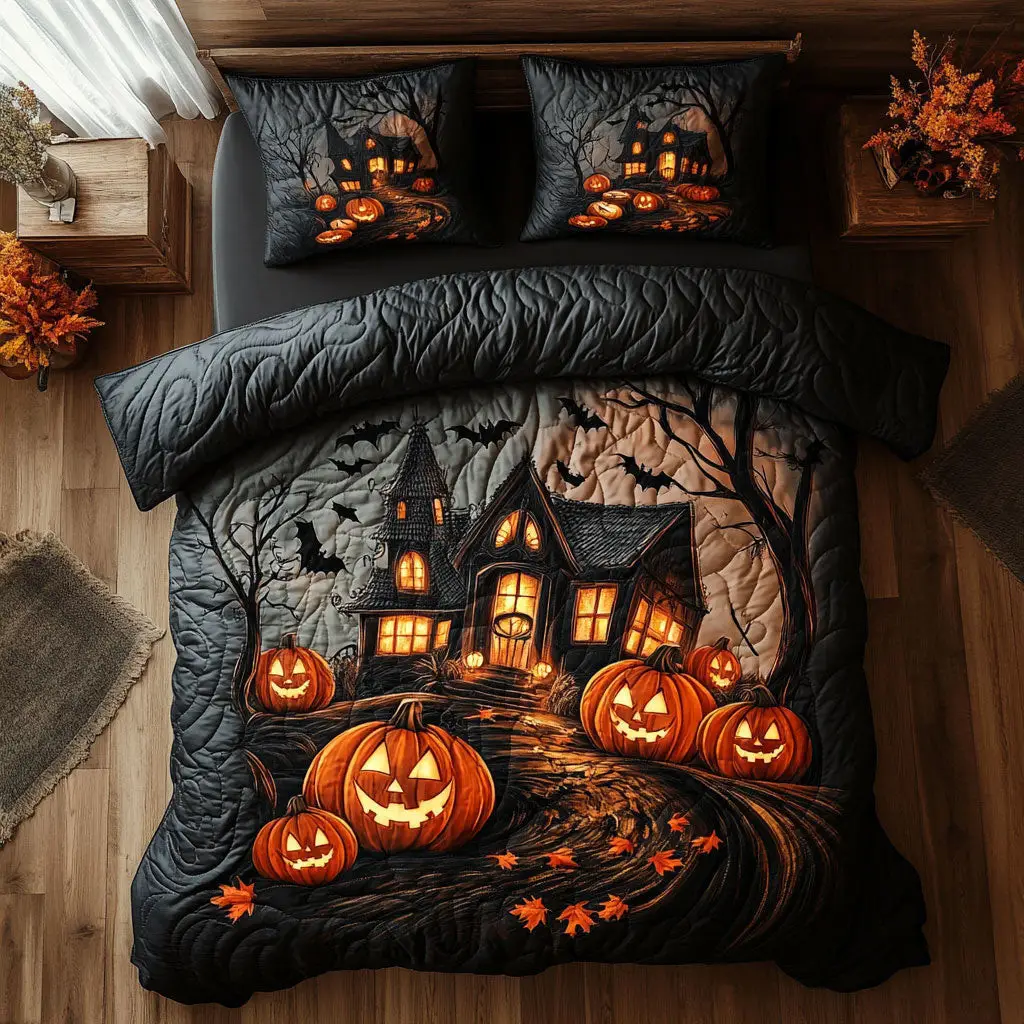 Pumpkin Moon Magic Quilted Bedding Set Duvet Cover Bedspread Gifts For Girlfriend
