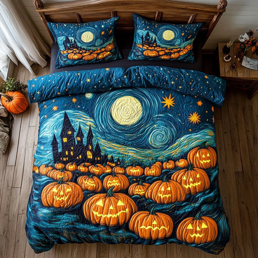 Pumpkin Nightfall Quilted Bedding Set Duvet Cover Bedspread Halloween Gifts For Adults