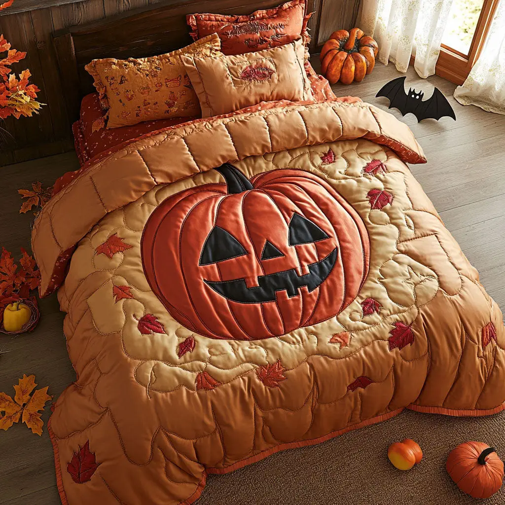 Pumpkin Patch Smile Quilted Bedding Set Duvet Cover Bedspread Best Gifts For Couples
