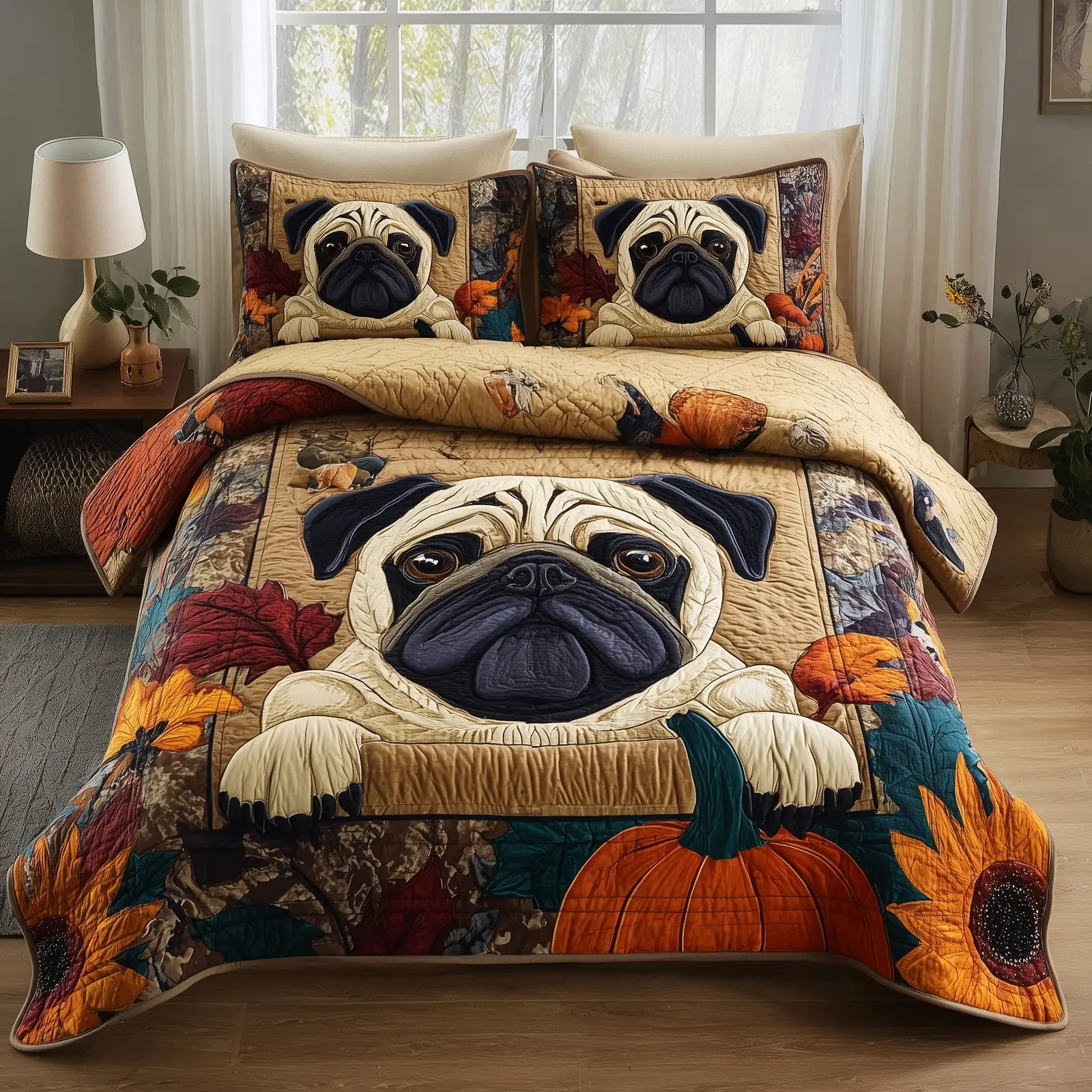 Pumpkin Pug Quilted Bedding Set Cozy Bedroom Pumpkin Pug Quilted Bedding Set Cozy Bedroom - Image 1