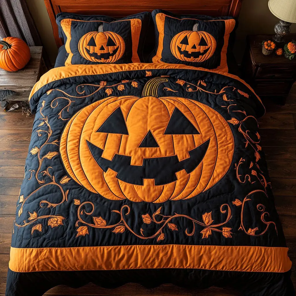 Pumpkin Smile Quilted Bedding Set Duvet Cover Bedspread Xmas Present Ideas Pumpkin Smile Quilted Bedding Set Duvet Cover Bedspread Xmas Present Ideas - Image 1