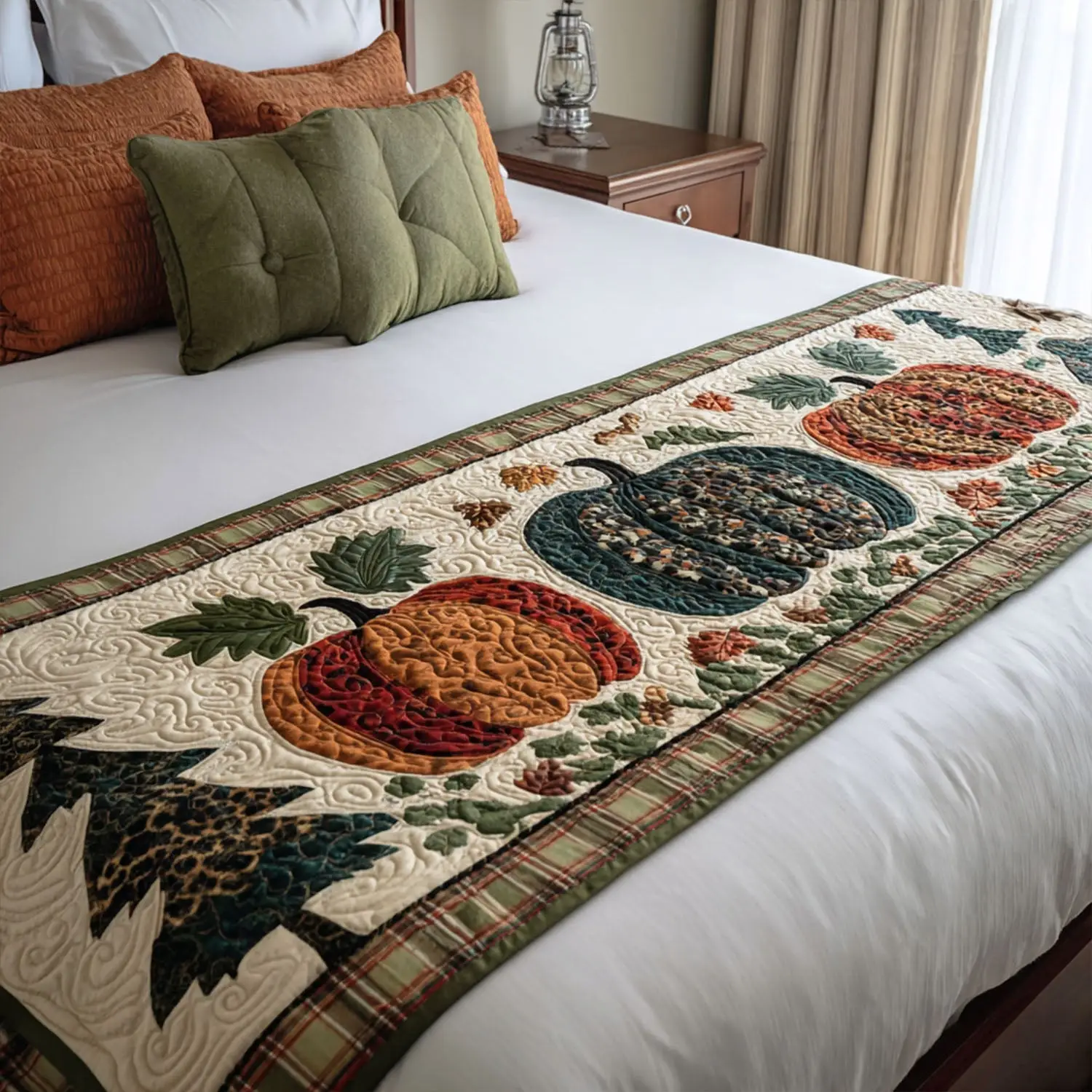 Pumpkin Trail Quilted Bed Runner Pumpkin Path Artwork Fall Gift for Family