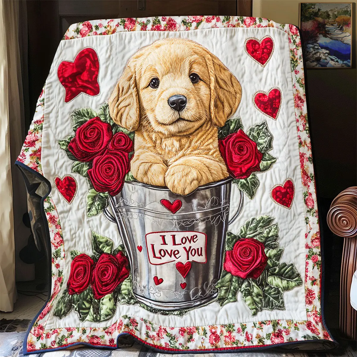 Puppy I Love Love You Quilt Blanket Cozy Gifts Valentine Throw Blanket For Dog Lovers