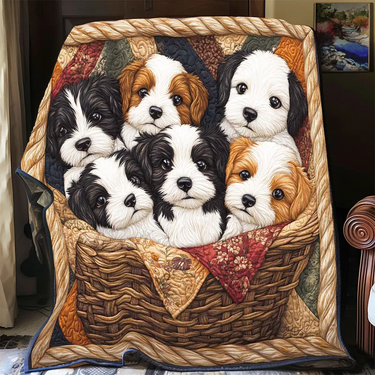 Puppy In Basket Quilt Blanket Fluffy Throw Blanket Sweet Gifts For Puppy Lovers