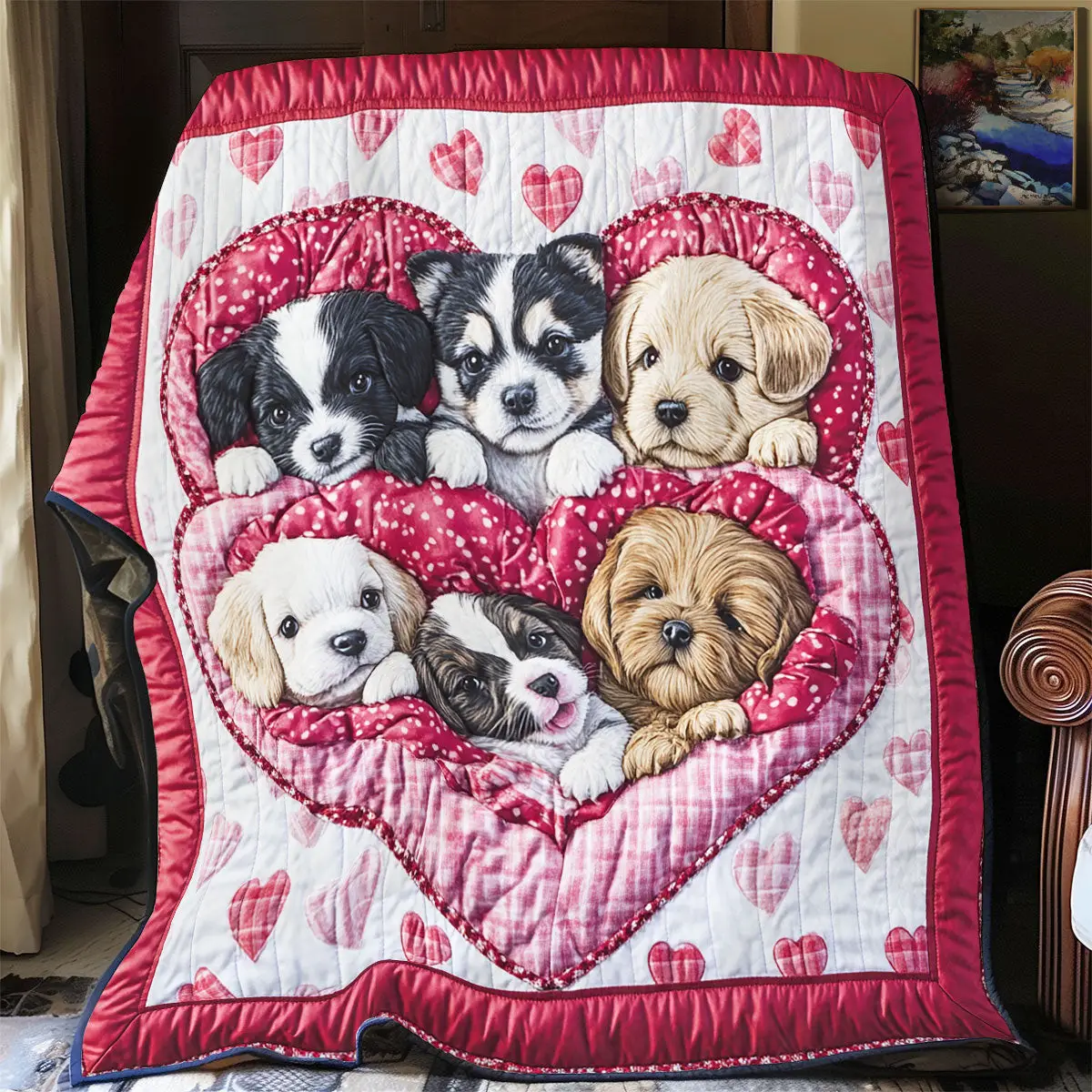 Puppy Valentine Quilt Blanket Heart Pattern Throw Blanket Cute Gifts For Puppy Lovers
