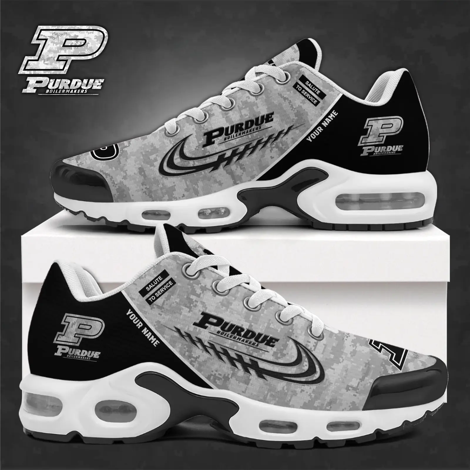 Purdue Boilermakers 2026 Custom Name Camouflage Air Max Shoes & Air Cushion Sneakers