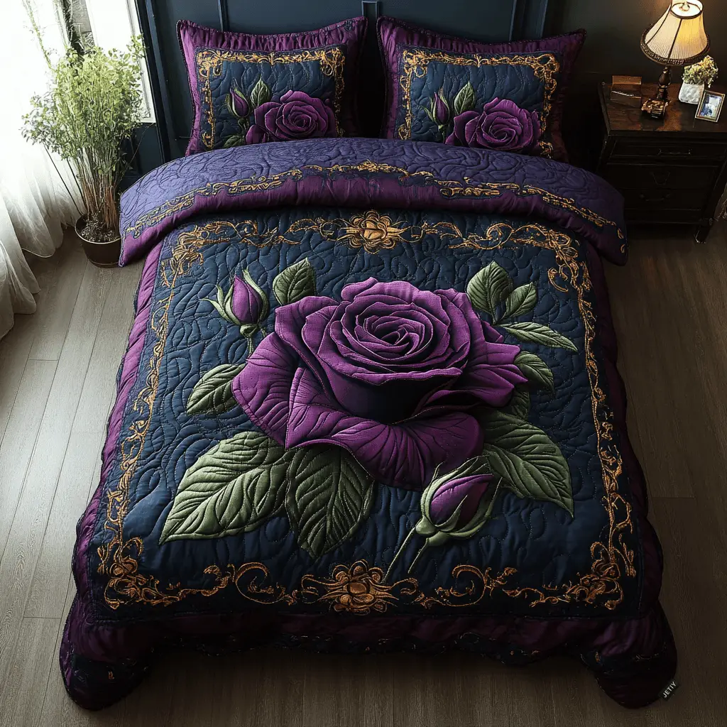 Purple Flower Quilt Bedidng Set Roses Floral Duvet Covers Great Mother's Day Present For Mom