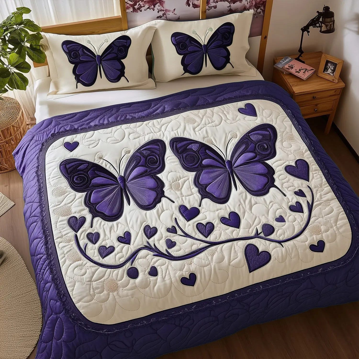 Purple Fluttery Love Quilted Bedding Set Aesthetic Home Decor Best Valentines Gifts For Her