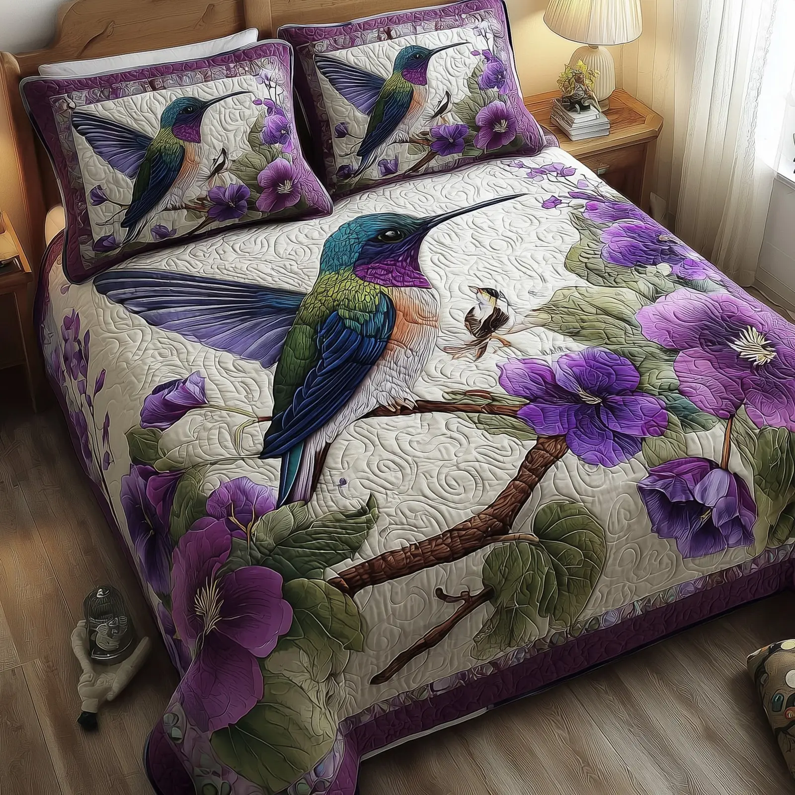 Purple Hummingbird Dancing Quilted Bedding Set Breathable