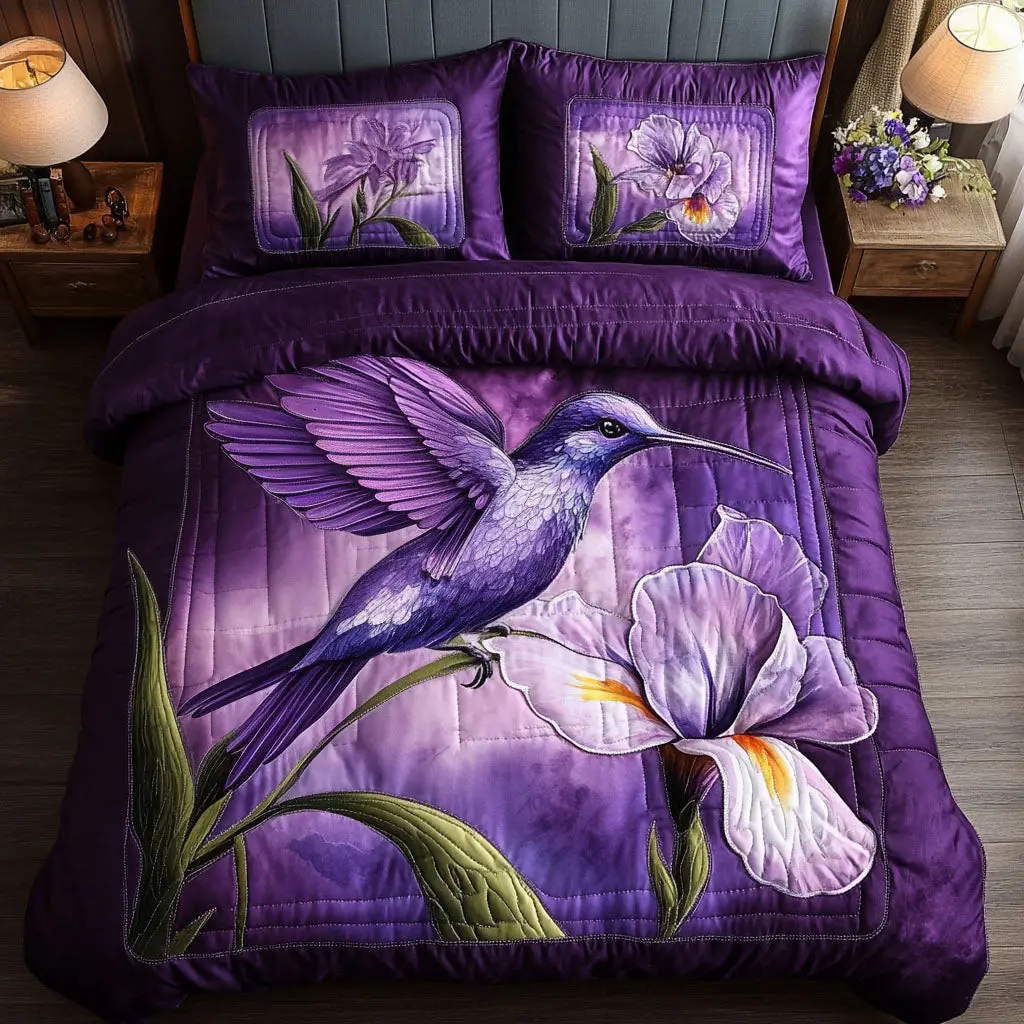 Purple Iris Flight Quilted Bedding Set High-Quality Cotton Bedding Set for Deep Sleep
