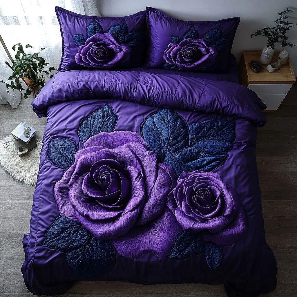Purple Rose Quilted Bedding Set Duvet Cover Bedspread Gifts For Flower Lovers