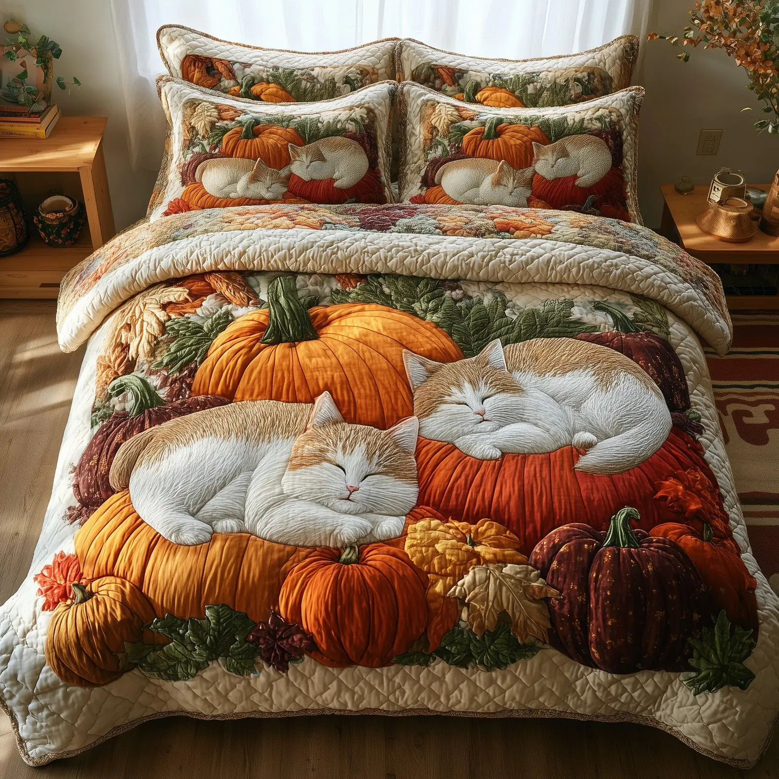 Purrfect Fall Dreams Quilted Bedding Set Bedroom Decor Pumpkin Cat Themed Gifts Purrfect Fall Dreams Quilted Bedding Set Bedroom Decor Pumpkin Cat Themed Gifts - Image 1