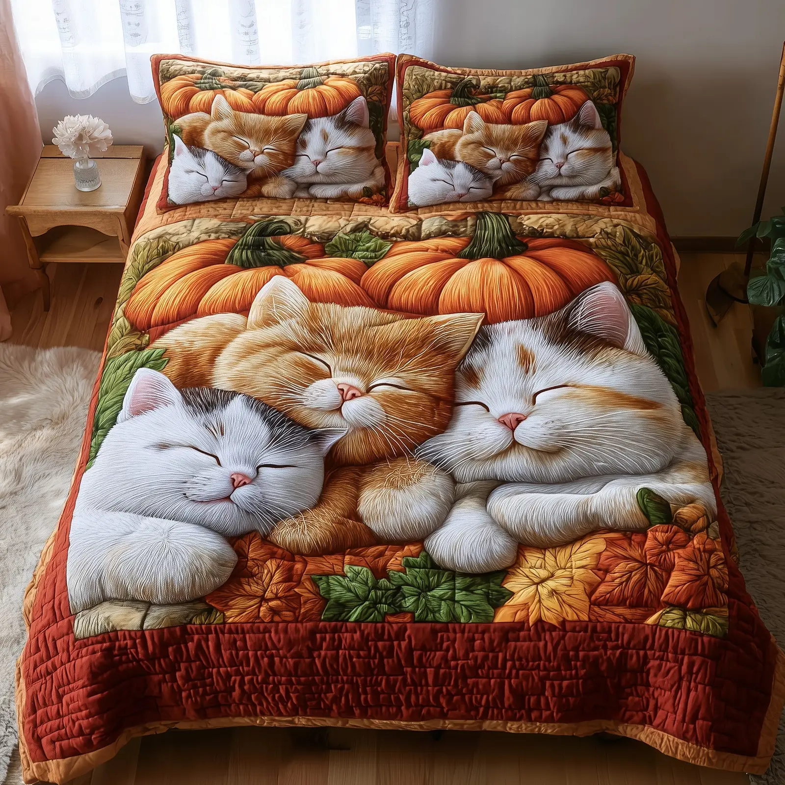 Purrfect Fall Dreams Quilted Bedding Set Duvet Cover Pumpkin Best Gifts For Cat Owners