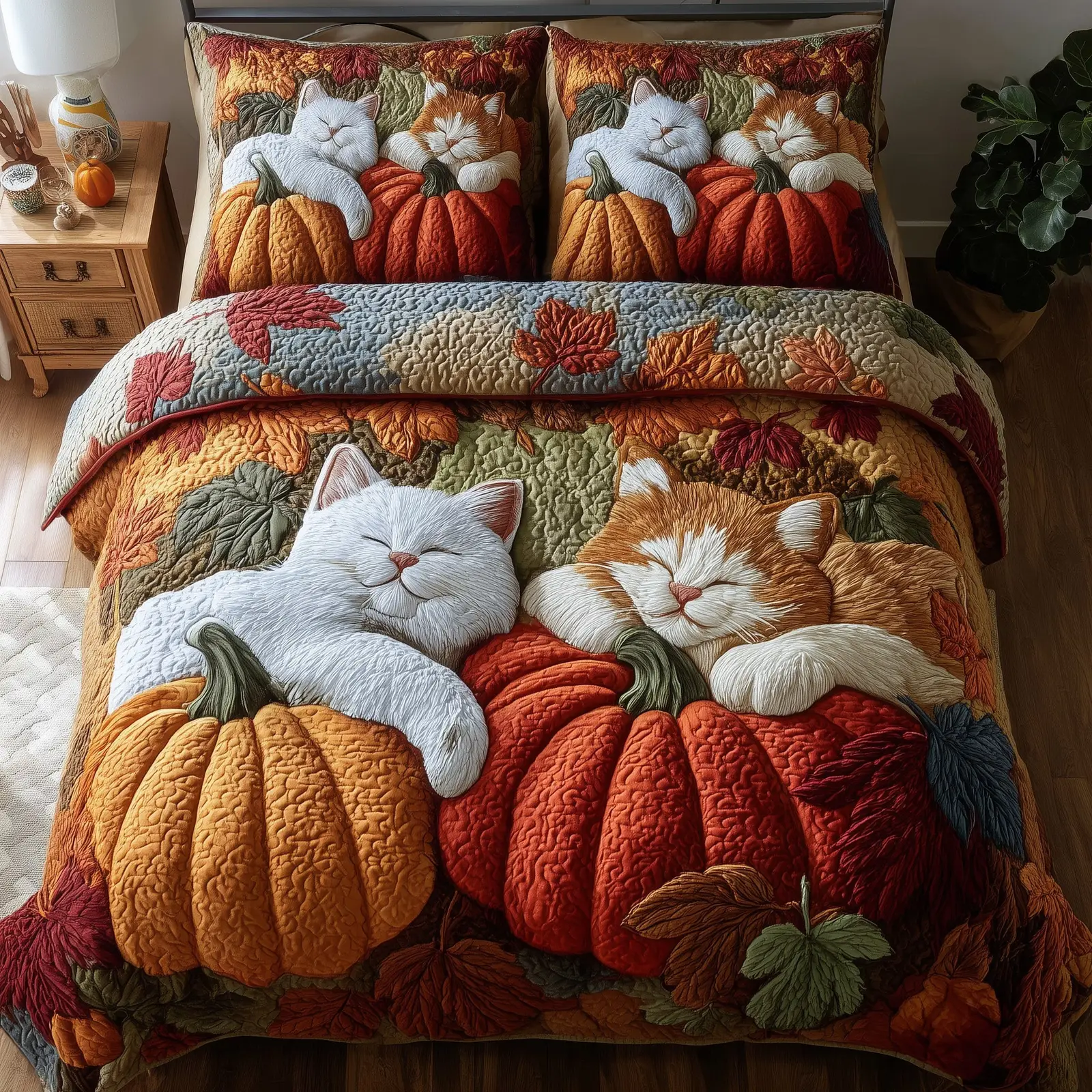 Purrfect Fall Dreams Quilted Bedding Set Floral Print