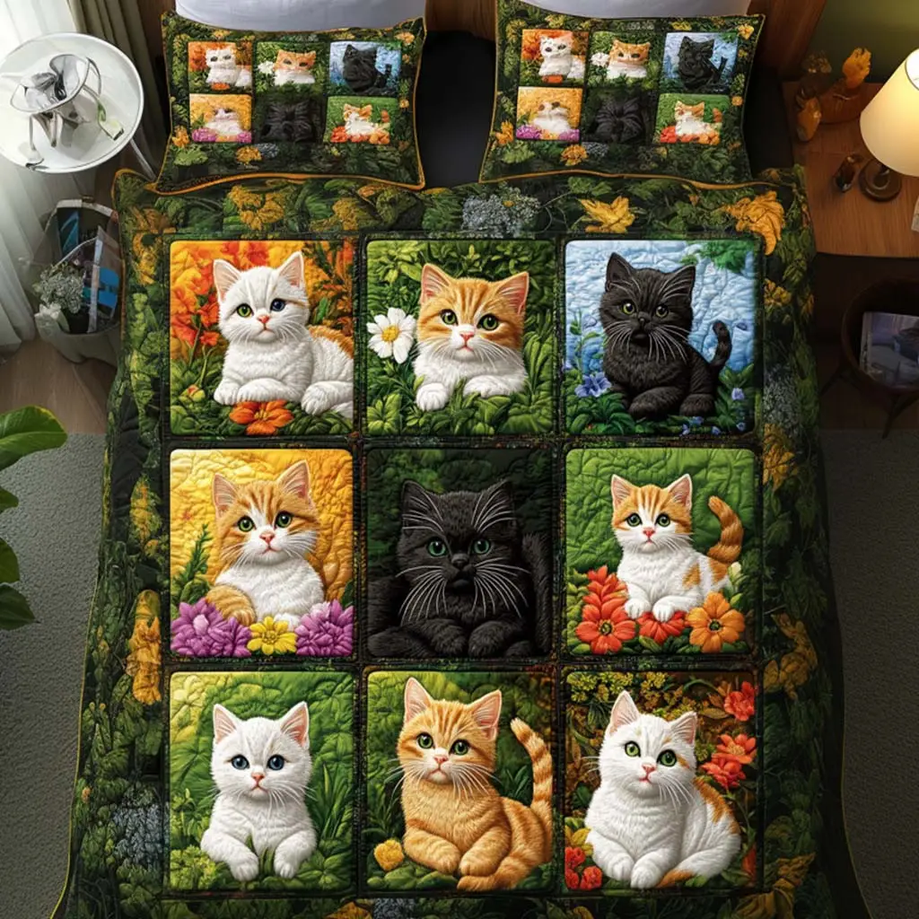 Purring Cat Bliss Quilted Bedding Set Classic Bedding Set That Enhances Your Sleep Space