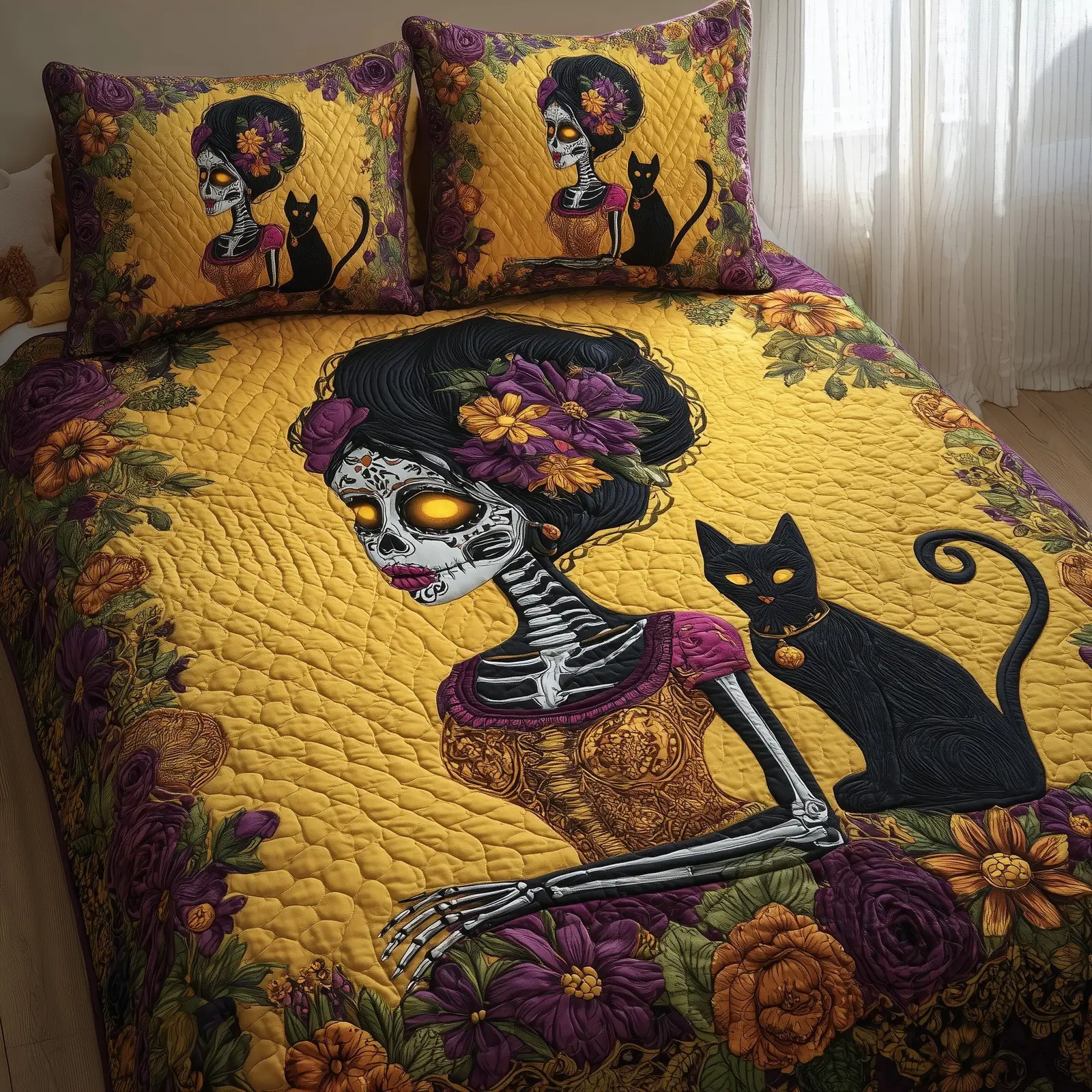 Queen of the Dead Quilted Bedding Set Bed Decoration Catrina Black Cat Gift Ideas