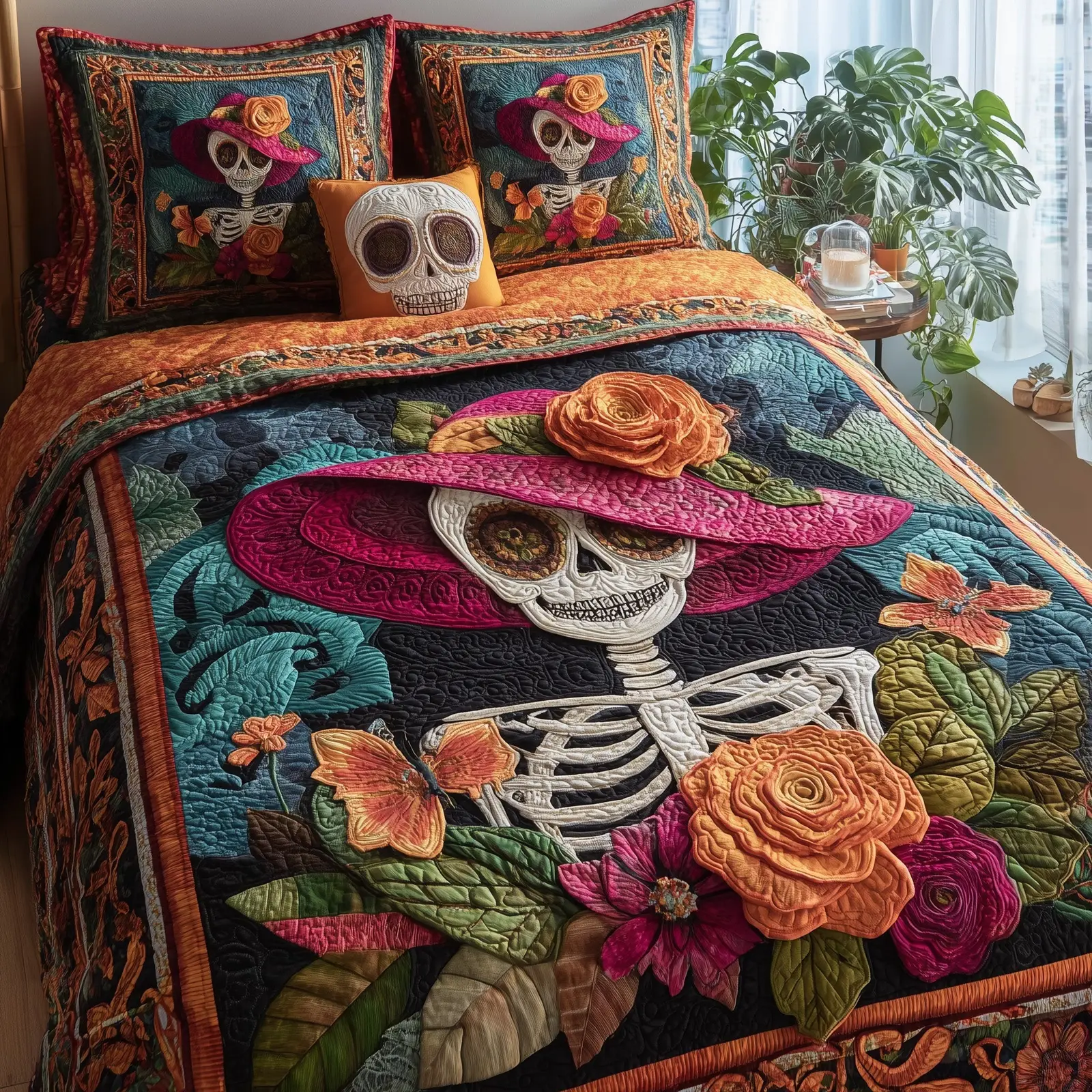 Queen of the Dead Quilted Bedding Set Bedroom Decor Flowers Catrina Day Of The Dead Gifts