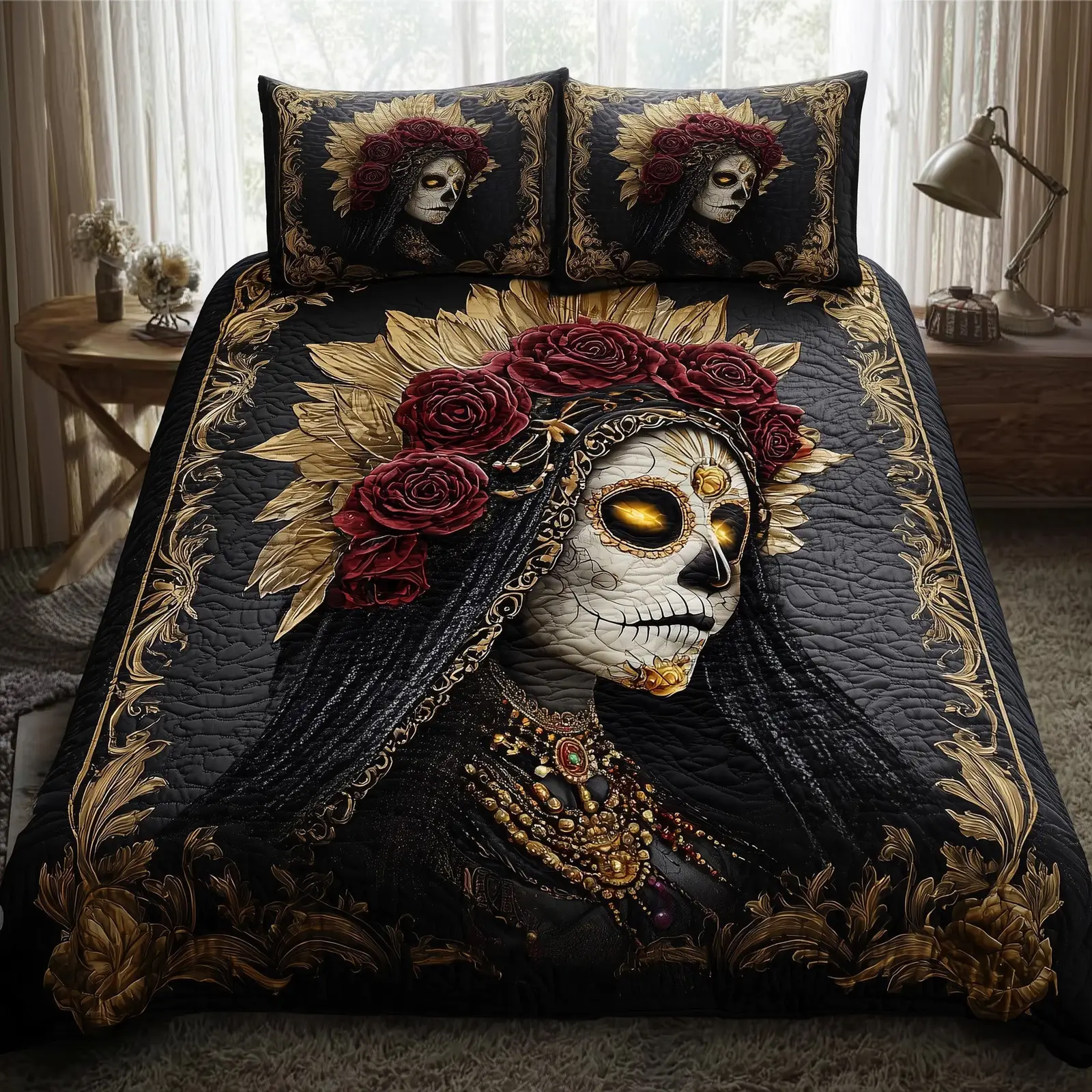 Queen of the Dead Quilted Bedding Set Decoration Catrina Christmas Gothic Lovers