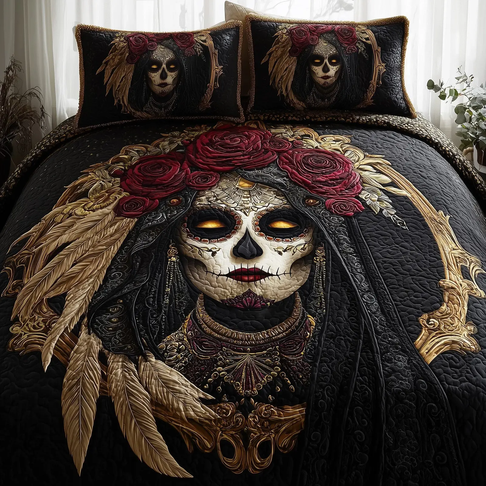 Queen of the Dead Quilted Bedding Set Duvet Bed Set Catrina Who Love Gothic Decor