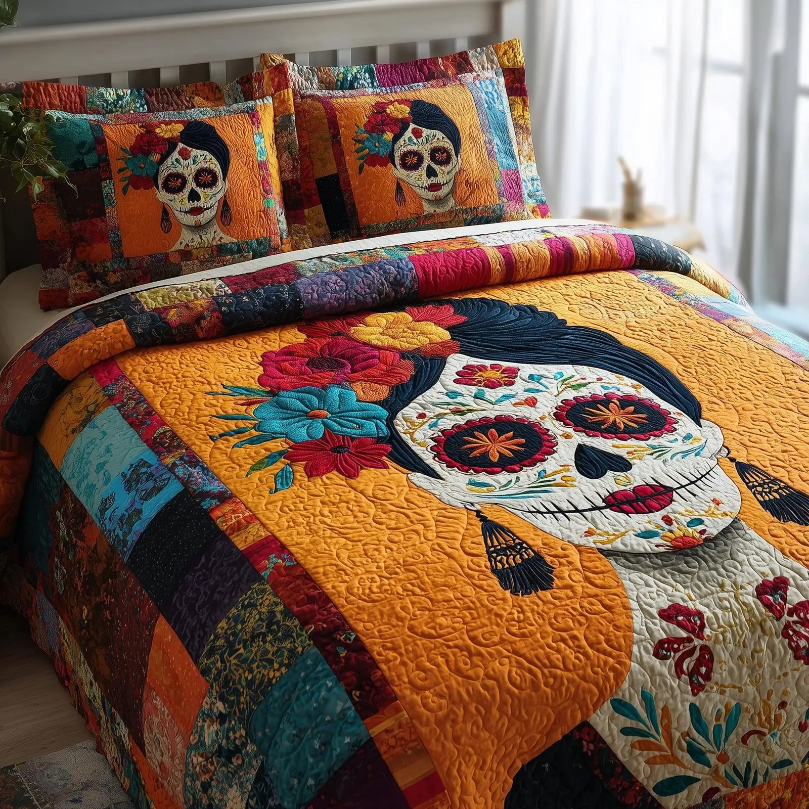 Queen of the Dead Quilted Bedding Set Room Decor Catrina Pumpkin Gift Ideas