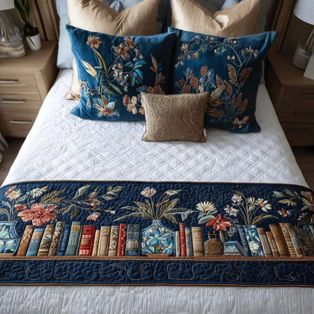 Quiet Stories Quilted Bed Runner Quiet Storybook Tones Cozy Home Gift