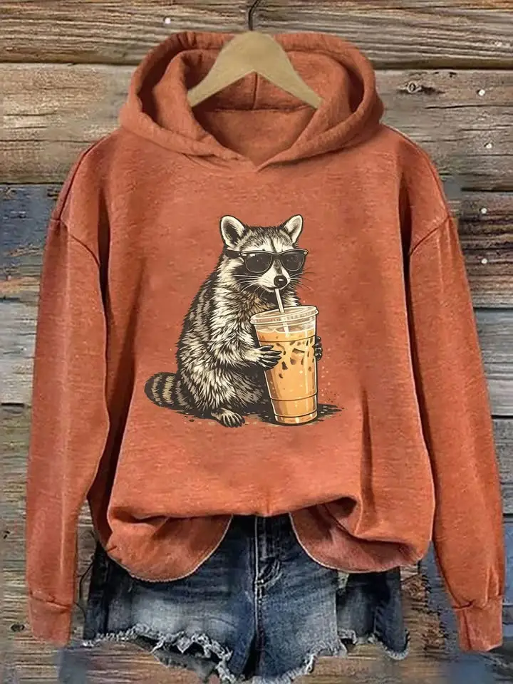 Raccoon Drinking Iced Coffee Hoodie Funny Animal Hooded Sweatshirt Gifts For Her