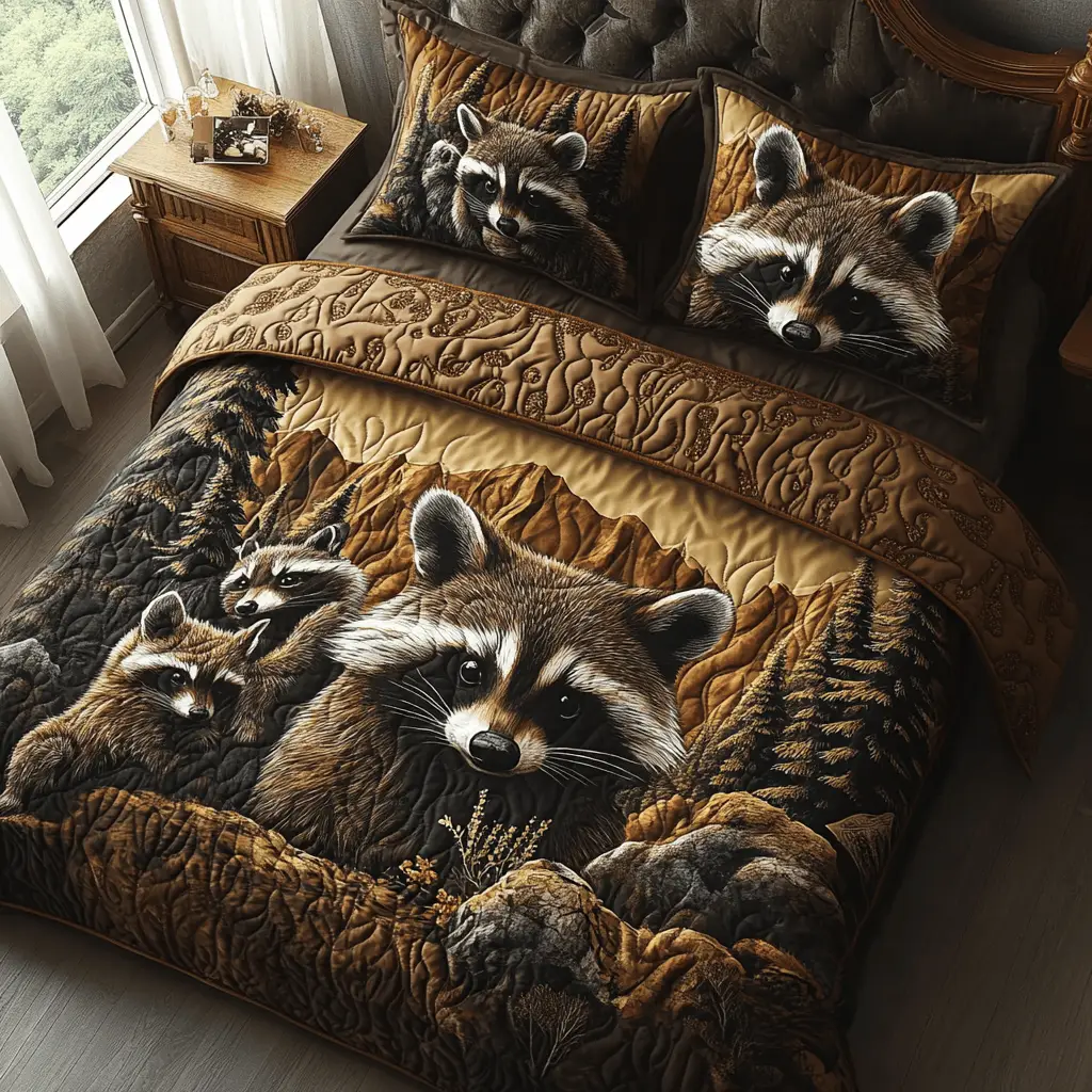 Raccoon Family Quilted Bedding Set Bedroom Decorations Raccoon Themed Gifts Raccoon Family Quilted Bedding Set Bedroom Decorations Raccoon Themed Gifts - Image 1