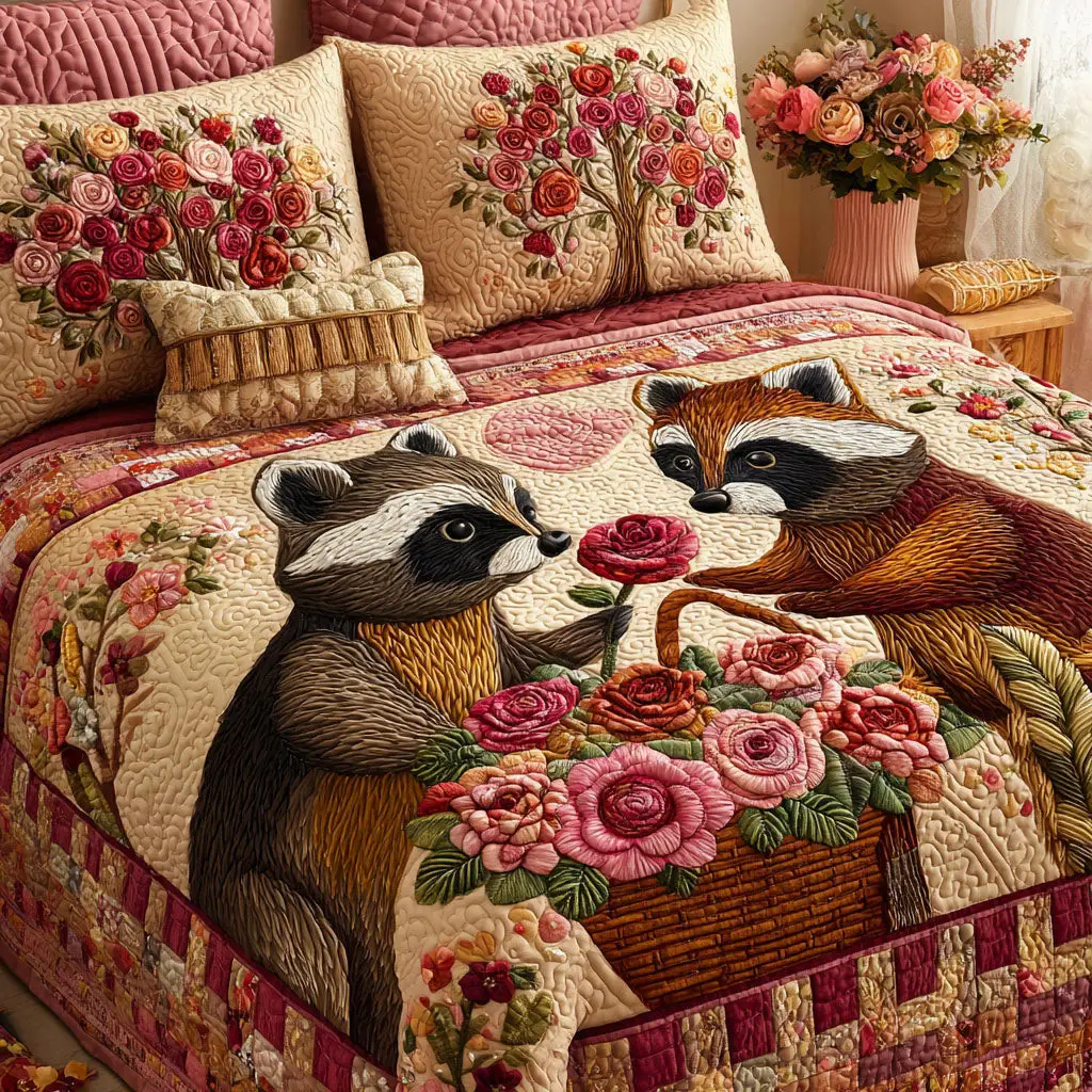 Raccoon Heart Companions Quilted Bedding Set Valentine Day Gifts For Your Son