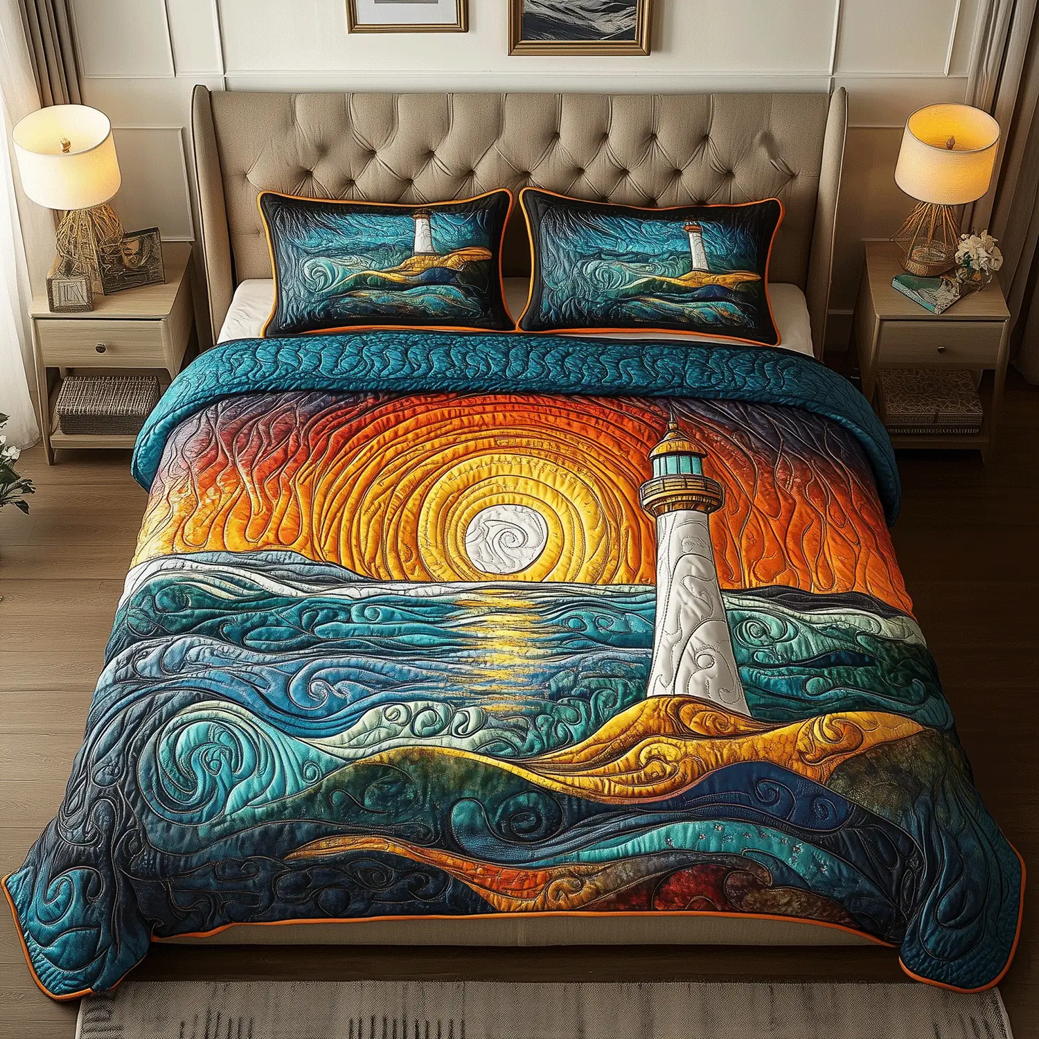Radiant Lighthouse Quilted Bedding Set Elegant Bedding Set Gift for Newlyweds Radiant Lighthouse Quilted Bedding Set Elegant Bedding Set Gift for Newlyweds - Image 1