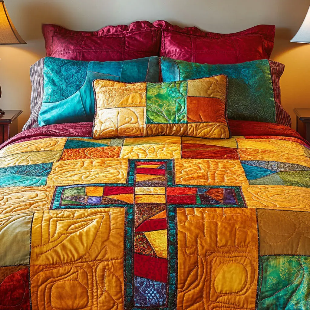 Radiant Patchwork Cross Quilted Bedding Set Bed Room Decoration Christian Gifts For Women Radiant Patchwork Cross Quilted Bedding Set Bed Room Decoration Christian Gifts For Women - Image 1