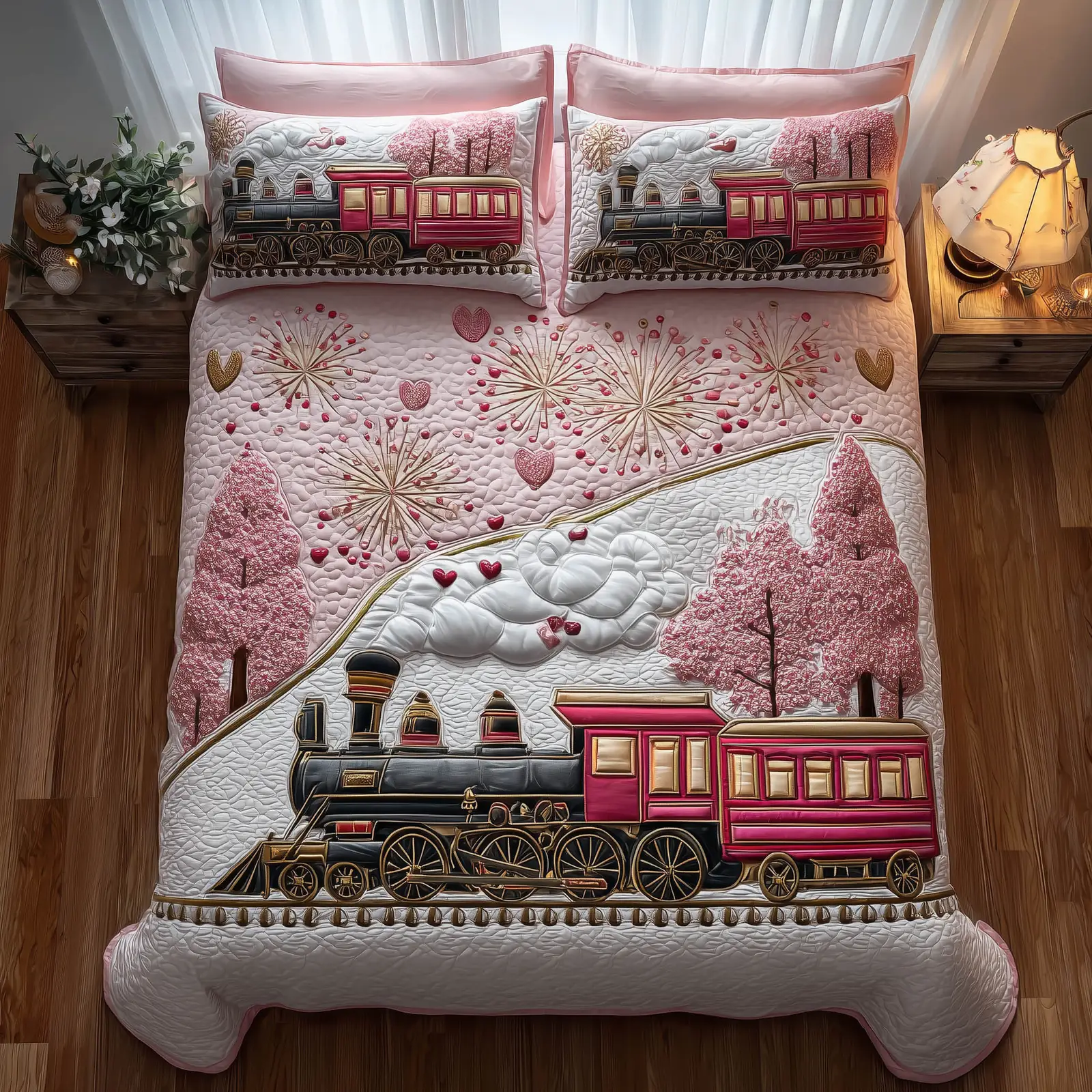 Railway Romantic Quilted Bedding Set Beautiful Duvet Cover Gifts For Girl Valentine Day