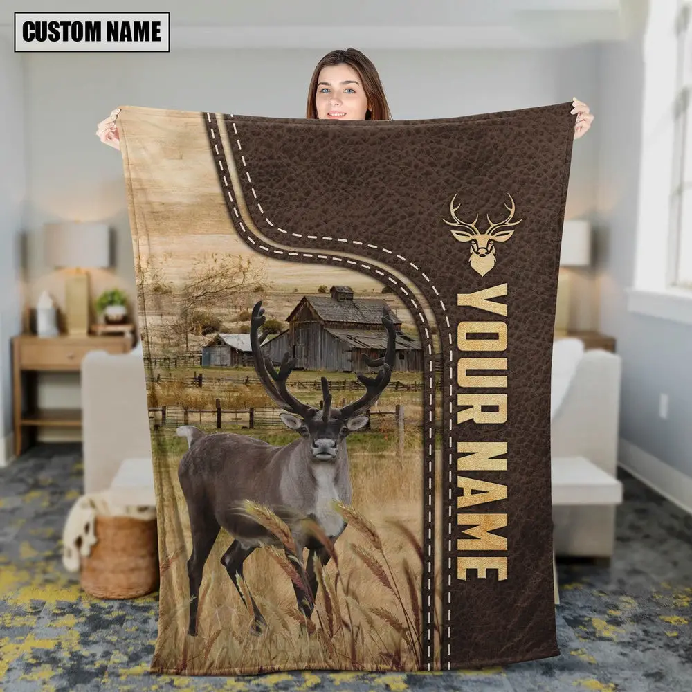 Rain Deer Custom Name Leather Pattern Blanket Farm Blanket Gift Ideas For Farmers