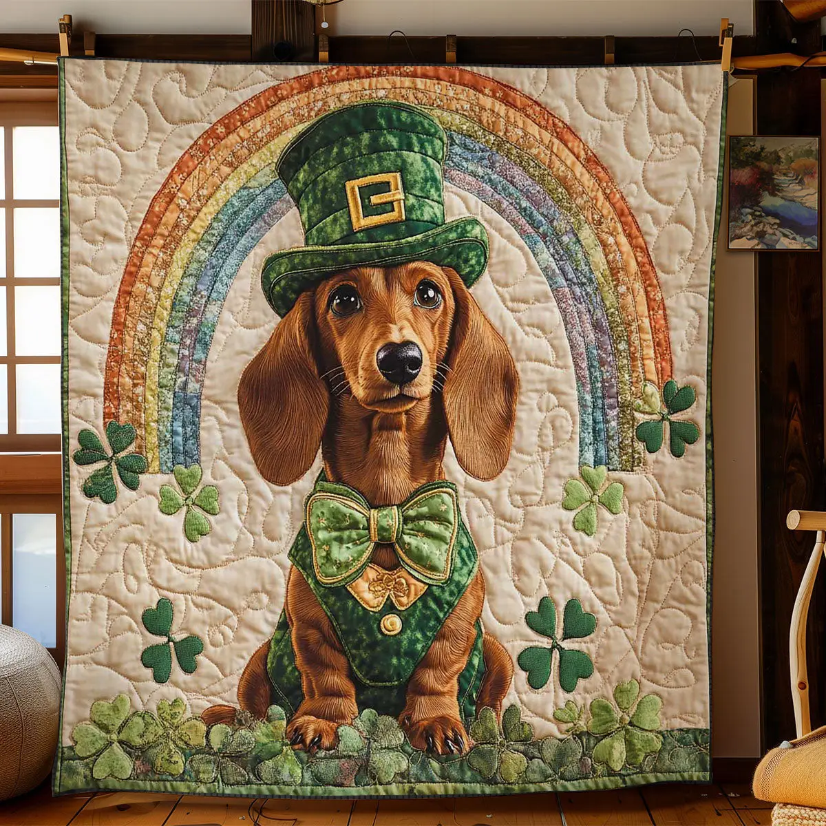 Rainbow Dachshund Quilted Blanket Trendy Home Decor St Patricks Day Gifts For Dachshund Lovers Rainbow Dachshund Quilted Blanket Trendy Home Decor St Patricks Day Gifts For Dachshund Lovers - Image 1